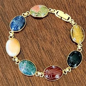 Vintage 1980's High Quality 7-Stone Gold Clad Scarab Link Bracelet-EXCELLENT!